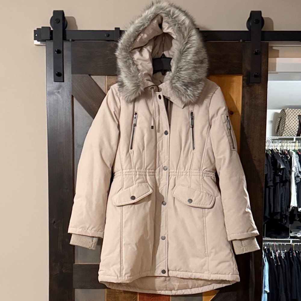 BCBGMaxAzria Beige Puffer Coat with Faux Fur Hood
